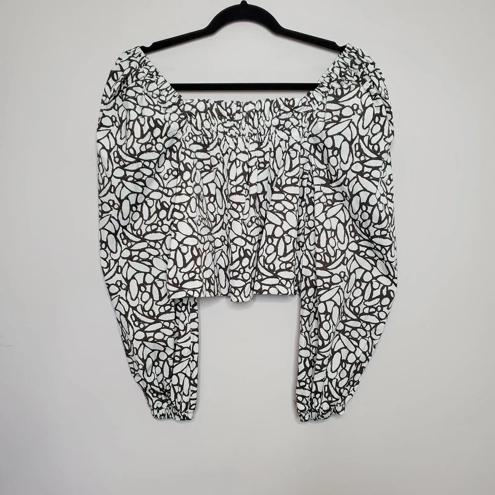 OPEN EDIT • Gray Abstract Print Organic Cotton Babydoll Top Sz M - Picture 2 of 9